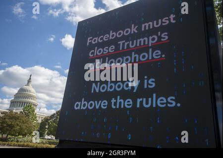 Washington, United States. 30th Sep, 2021. Free Action Press holds a rally demanding Facebook ban 'Team Trump' advertisements in accordance with their June decision to bar former President Donald Trump outside the US Capitol on Thursday, September 30, 2021. Before the rally, a mobile billboard displaying the message 'Facebook.Must Close Trump's Ad Loophole: Nobody is Above the Rules' was driven near Facebook's D.C. lobbying headquarters and around the city. Photo by Bonnie Cash/UPI Credit: UPI/Alamy Live News Stock Photo