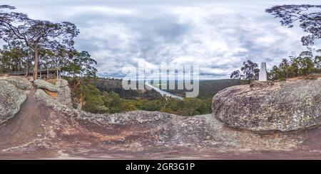 360 degree panoramic view of Spherical panoramic photograph from Portal Lookout overlooking Nepean River in the Blue Mountains in New South Wales in Australia