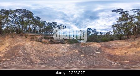 360 degree panoramic view of Spherical panoramic photograph from Portal Lookout overlooking Nepean River in the Blue Mountains in New South Wales in Australia