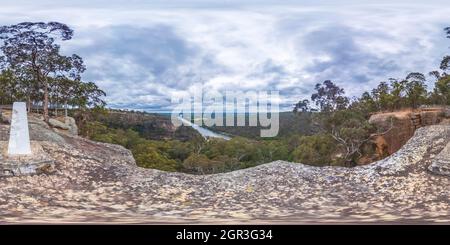 360 degree panoramic view of Spherical panoramic photograph from Portal Lookout overlooking Nepean River in the Blue Mountains in New South Wales in Australia