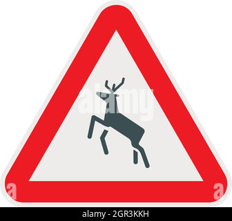 Deer traffic warning sign icon, flat style Stock Vector