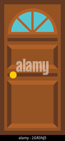 Wooden door with arched glass icon, flat style Stock Vector