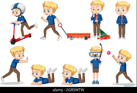 Boy in blue shirt doing different actions Stock Vector
