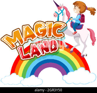 Font design for word magic land with girl riding unicorn Stock Vector