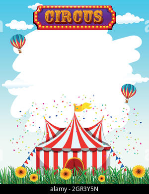 Circus template with sign, tent, grass and flowers Stock Vector