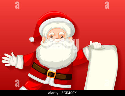 Cute Santa Claus holding blank paper cartoon character on red background Stock Vector