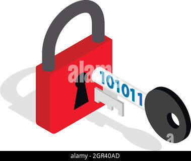 Red padlock and key icon, isometric 3d style Stock Vector