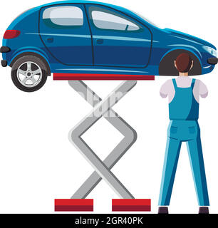 Blue car on a scissor lift platform icon Stock Vector