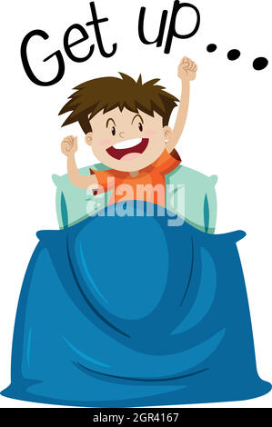 Wordcard for get up with boy getting up Stock Vector
