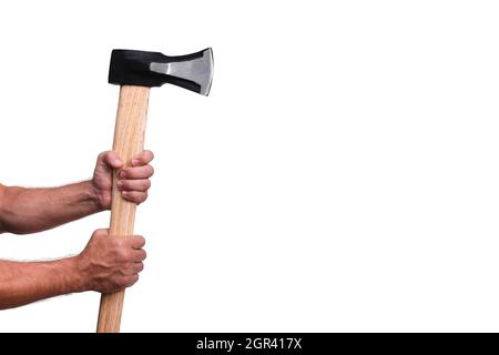 axe cleaver. in male hands. close-up. isolated Stock Photo