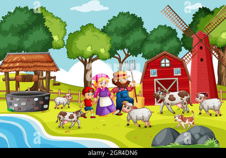 Old MacDonald in a farm nursery rhymes scene Stock Vector