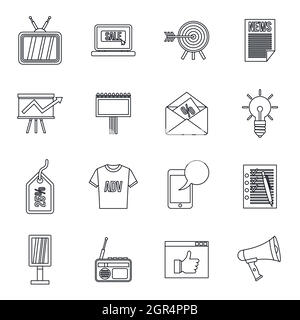 Advertisement icons set, outline style Stock Vector