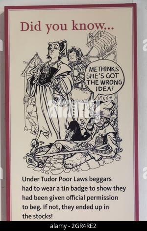 England, Southampton, Tudor House and Garden Museum, Poster Explaining Begging Laws in Tudor Times Stock Photo