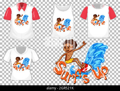 A boy surfing cartoon character design for t-shirt isolated on transparent background Stock Vector