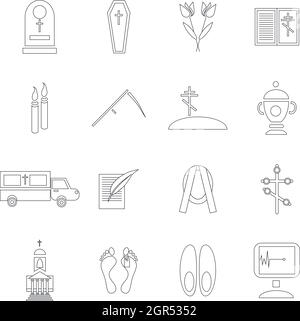 Death and funeral icons set, outline style Stock Vector