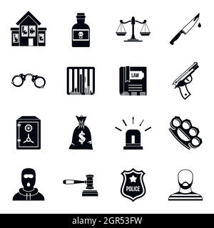 Crime and punishment icons set, simple style Stock Vector