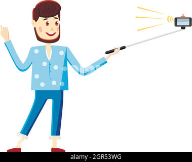 Man making selfie with a stick icon, cartoon style Stock Vector