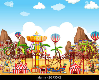 Themepark scene with many rides on the desert ground Stock Vector