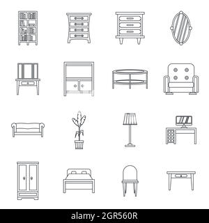 Furniture icons set, outline style Stock Vector