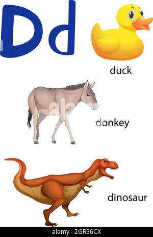 Letter D for duck, donkey and dinosaur Stock Vector