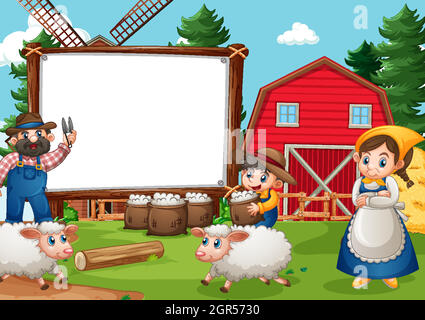 Blank banner in farm scene with happy family Stock Vector