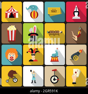 Circus entertainment icons set, flat style Stock Vector