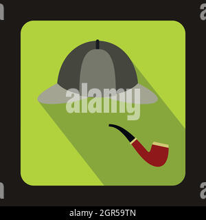 Detective Sherlock Holmes hat, smoking pipe icon Stock Vector