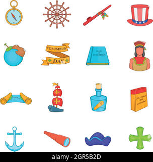 Columbus Day icons set, cartoon style Stock Vector