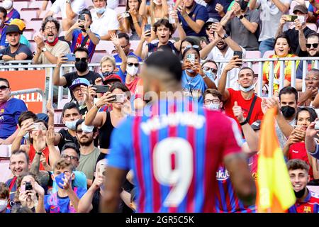 BARCELONA - SEP 26: Supporters in front of Memphis Depay during the La Liga match between FC Barcelona and Levante at the Camp Nou Stadium on Septembe Stock Photo