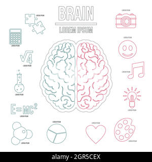 Human brain infographics set, outline style Stock Vector