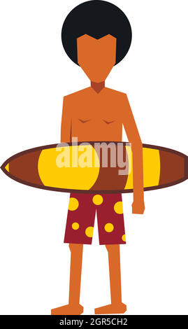 Surfer man holding yellow surfboard icon Stock Vector
