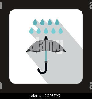 Black umbrella and rain drops icon, flat style Stock Vector