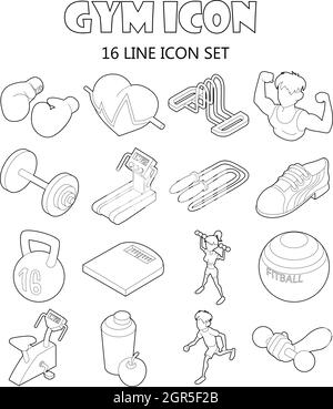 Gym icons set in outline style Stock Vector