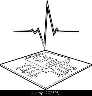 CPU with a heart beat icon, outline style Stock Vector