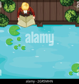 Top view of man reading near the river Stock Vector