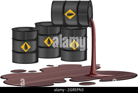 Black oil barrels with crude sign spill oil on the floor isolated on white background Stock Vector