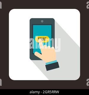 Hand presses on start button in smartphone icon Stock Vector