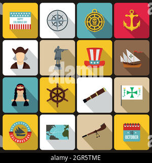 Columbus Day icons set, flat style Stock Vector