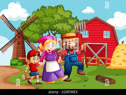 Happy family in farm scene in cartoon style Stock Vector