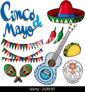 Cinco de Mayo poster design with many items for festival Stock Vector