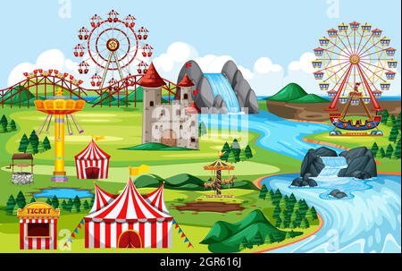 Amusement park scene with many rides Stock Vector Image & Art - Alamy