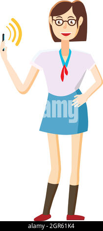 Girl with mobile phone calling icon, cartoon style Stock Vector