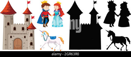 Castle with prince and princess and horse in color and silhouette isolated on white background Stock Vector