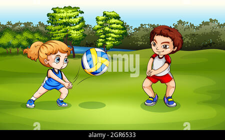 A girl and a boy playing volleyball Stock Vector