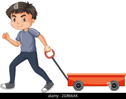 Boy pulling red wagon on white background Stock Vector