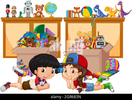 Shelf and box full of toys on white background Stock Vector