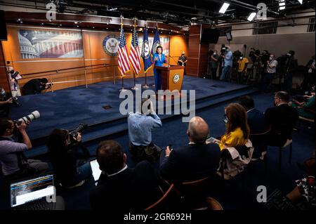 Washington, United States. 30th Sep, 2021. House Speaker Nancy Pelosi (D-CA) speaks at her weekly press conference. Credit: SOPA Images Limited/Alamy Live News Stock Photo