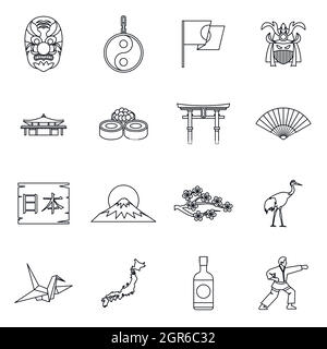 Japan icons set, outline style Stock Vector