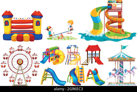 Different types of play stations at playground Stock Vector