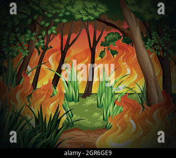 Dangerous wildfire forest background Stock Vector